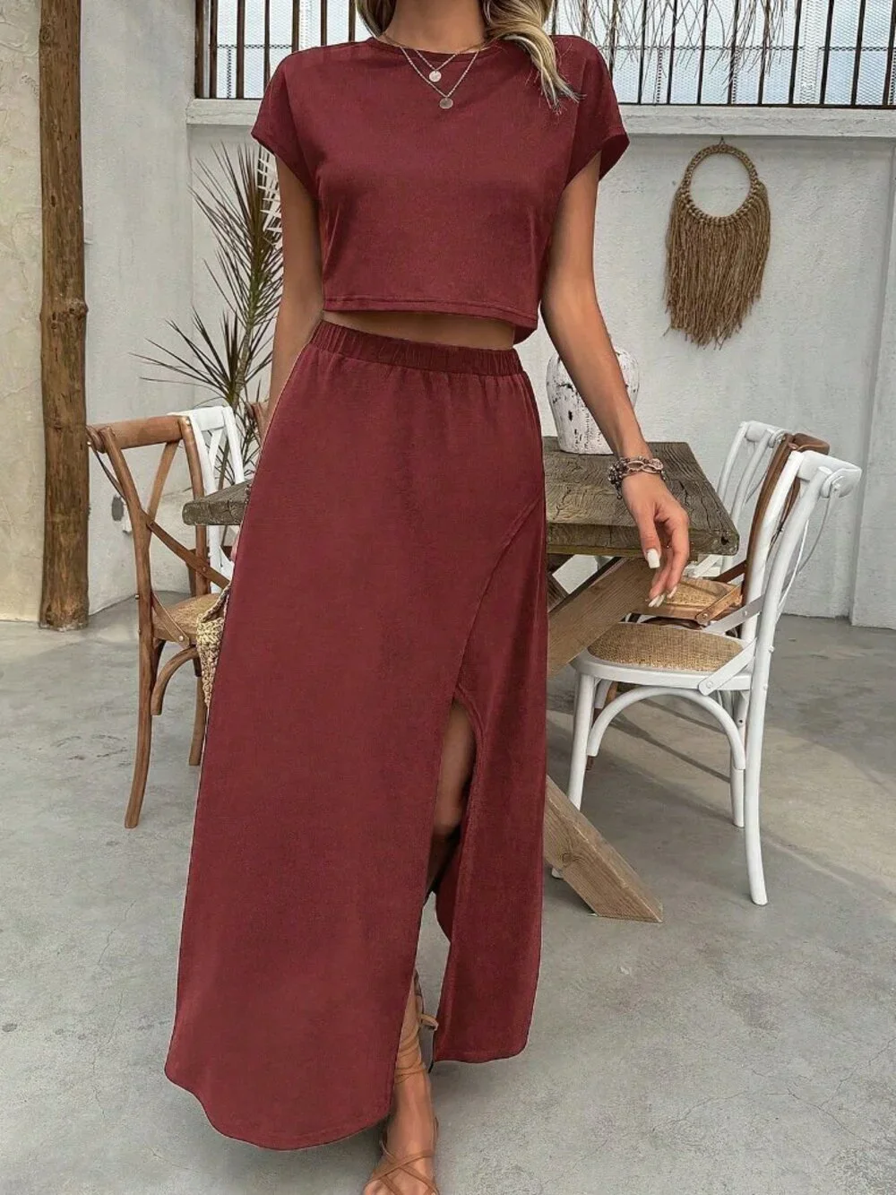 Women's Round Neck Top + Thigh-High Split Skirt Two-Piece Set